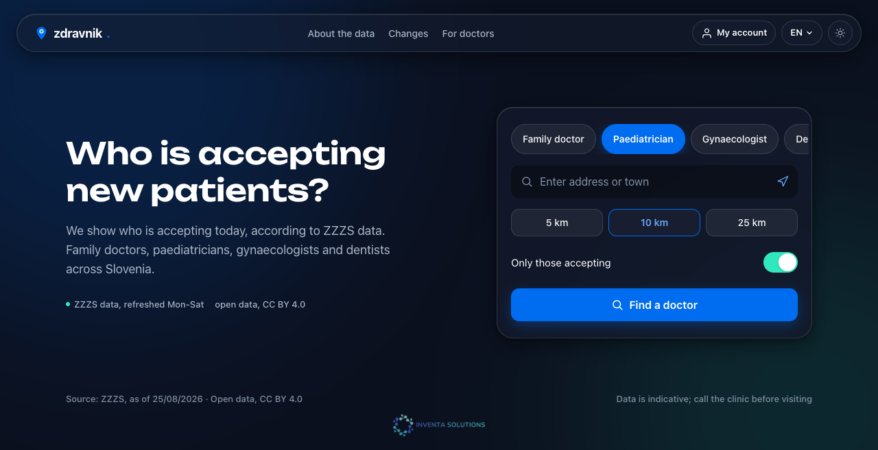 The front page. Four types of doctor, an address, a radius. No account needed to search.